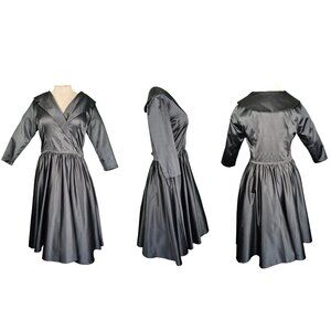 Pinup Couture 1950's Inspired Shawl Collared Swing Dress Black Stretch Satin